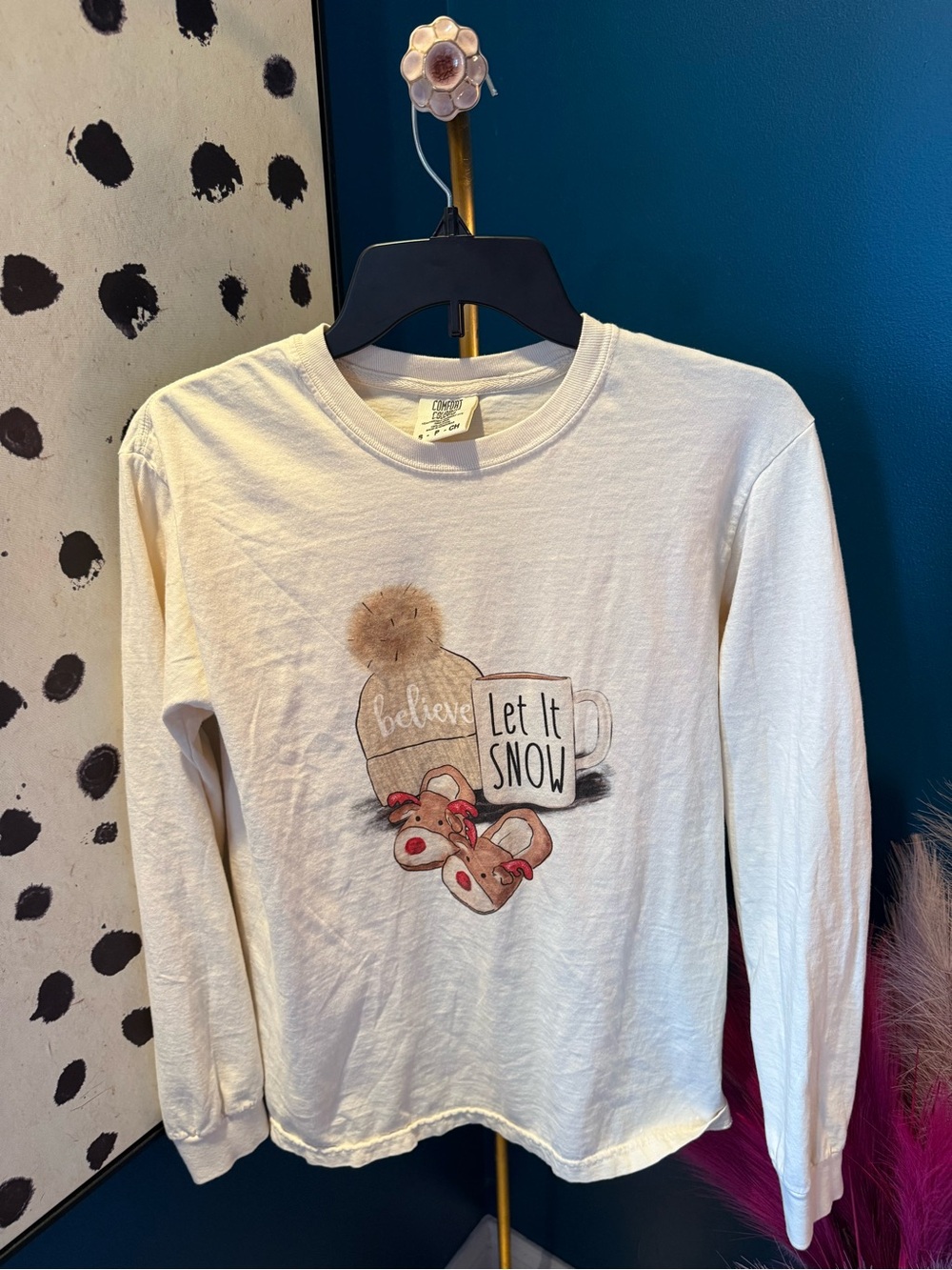 Comfort Colors Cream Long-Sleeve Graphic Tee with Winter Mug Design